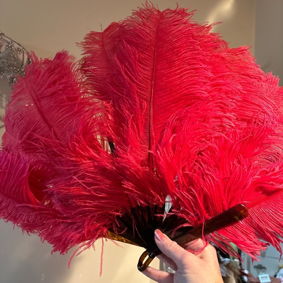 Red  Pink Antique Art Deco Tortoise Hand Fan Ostrich Plume Feather Celluloid - Picture 1 of 3